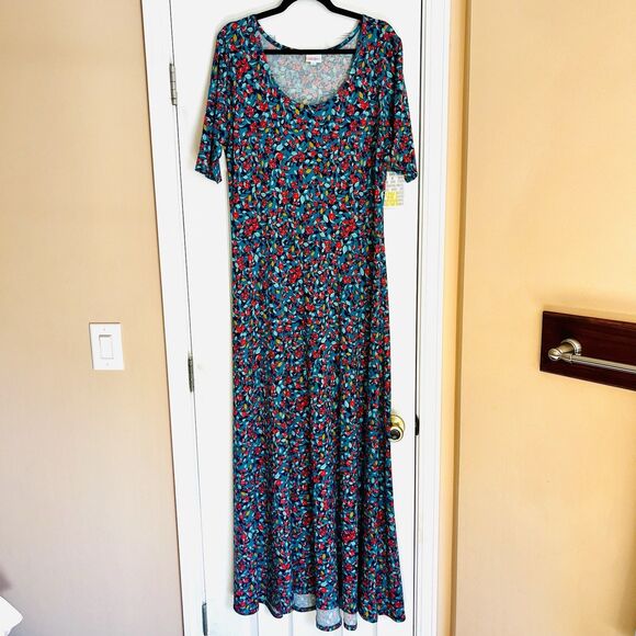LuLaRoe Ana Long Maxi Dress Turquoise Pink Green Orange Floral 3X 22/24 3XL - Picture 8 of 12